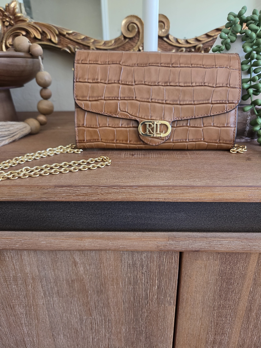 Ralph Lauren Tan Croc-Embossed Leather Chain Crossbody